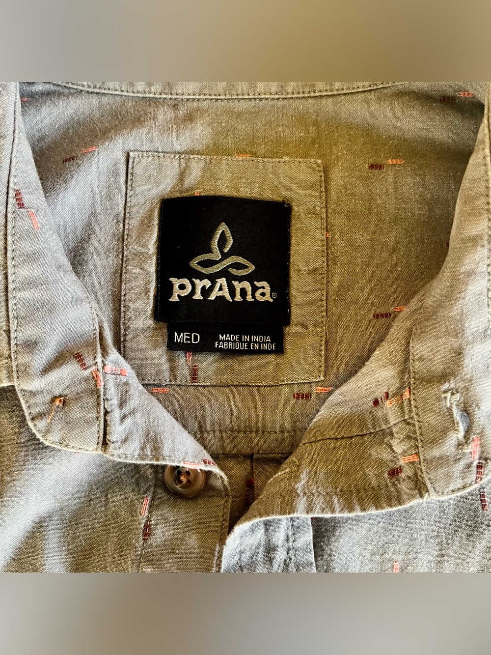 Prana Short Sleeve Button-Up Gray Shirt Coral Brown Stitching Organic Cotton | M